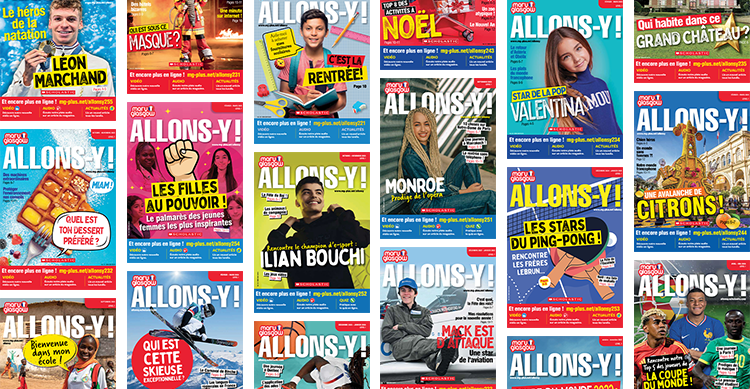 Collage of French-language Allons-Y magazine covers featuring various young people and topics
